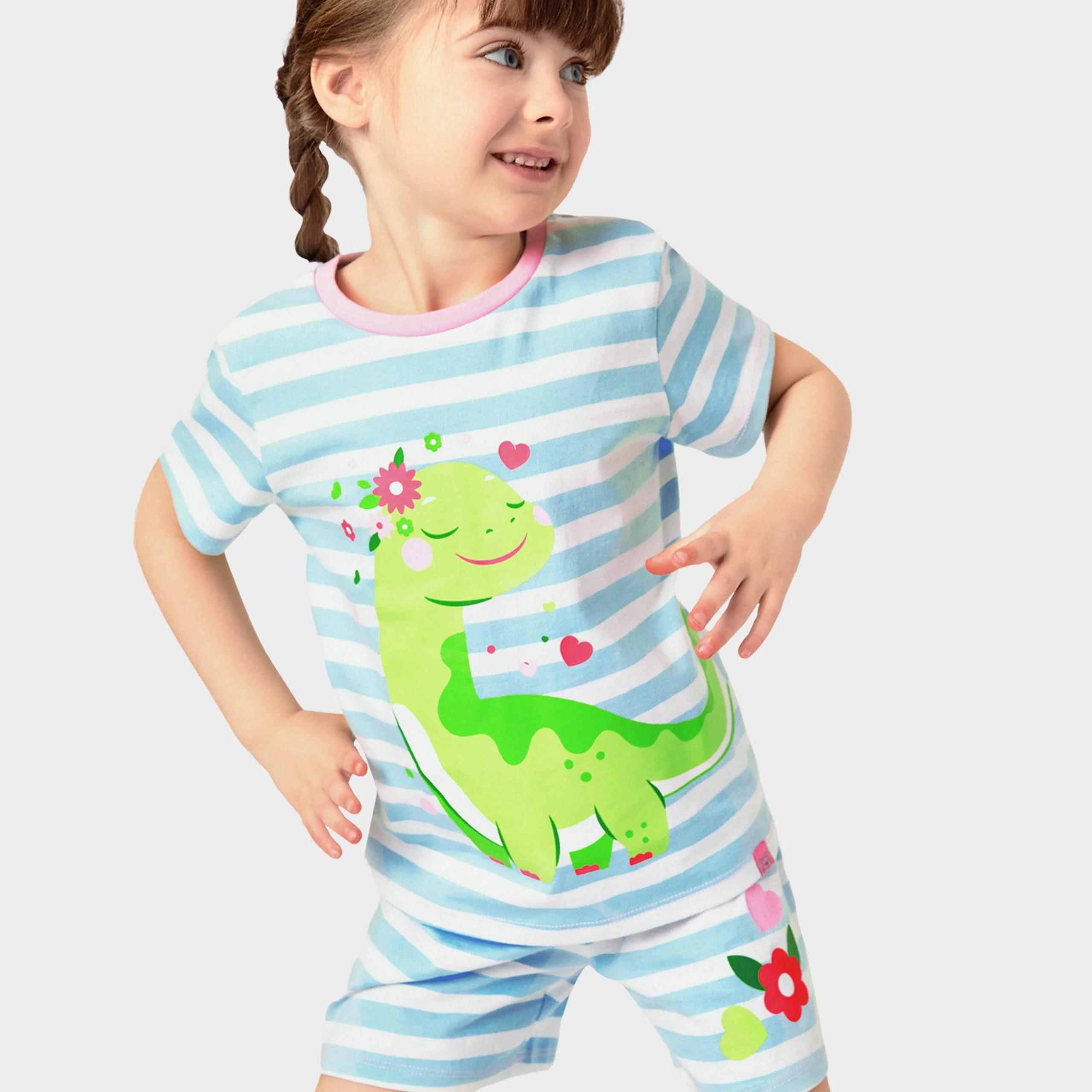 Harry Bear Dinosaur Girls Short Pyjamas - Blue Stripes - Image 4